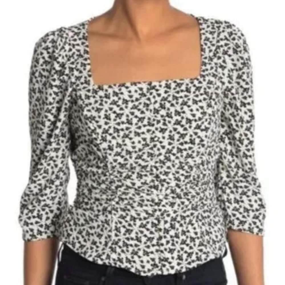 ASTR Button Front Ruched Floral Top White Black Ditsy Women's Size M